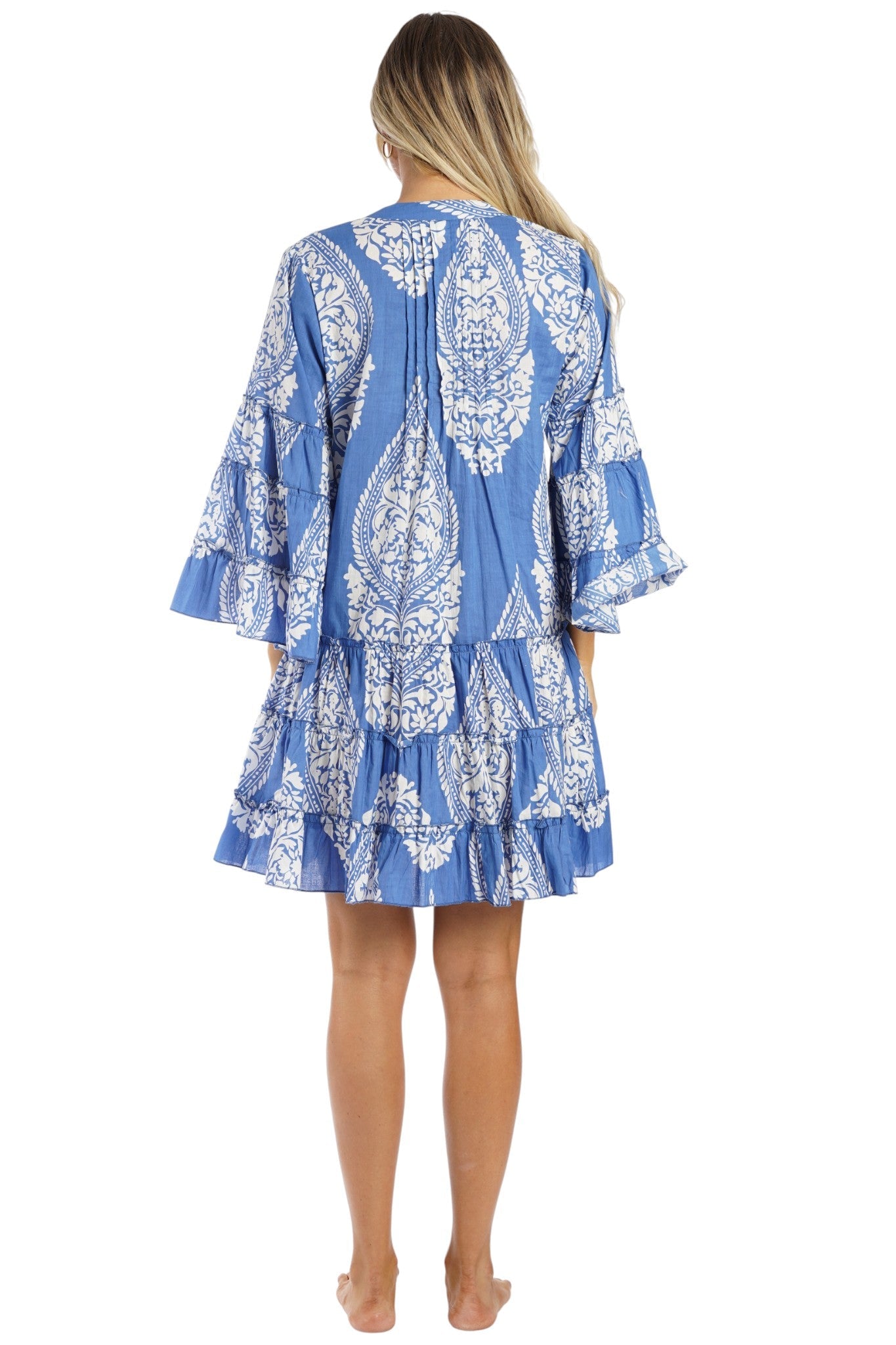 Cobalt Blue Block Print Tiered Bell-Sleeve Boho Mini Dress – Wholesale Resort Prepack (6 Pcs)