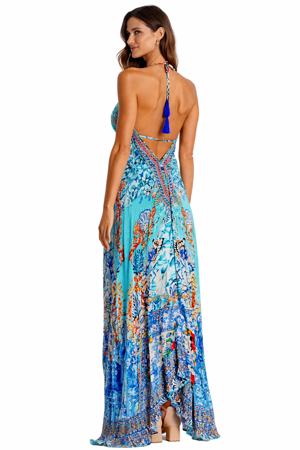 Ocean Blue Floral Halter Maxi Dress | Wholesale Pack of 4