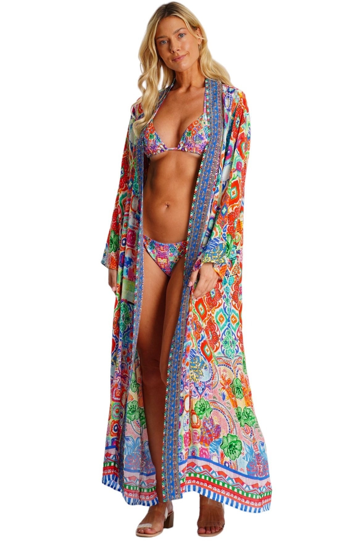 Wholesale Multicolor Printed Long Kimono Cape Beach Cover-Up