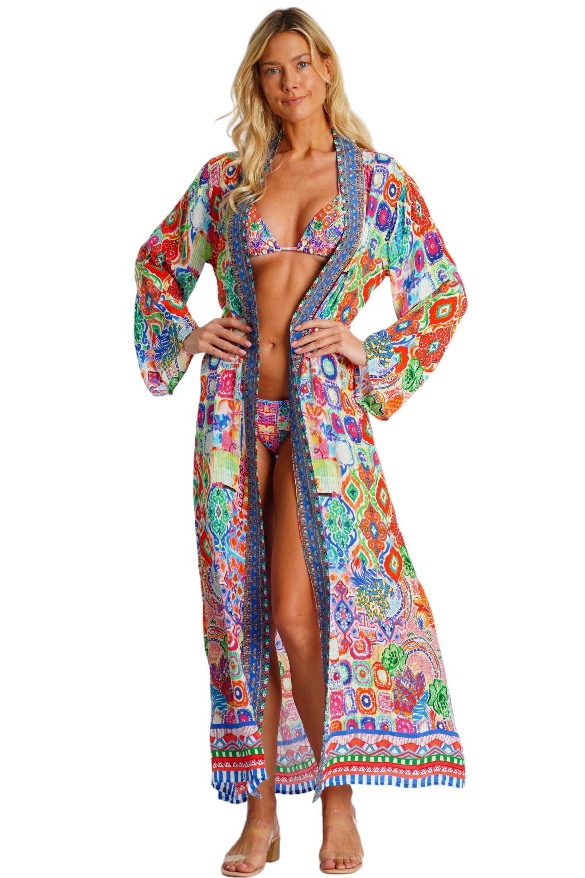 Wholesale Multicolor Printed Long Kimono Cape Beach Cover-Up