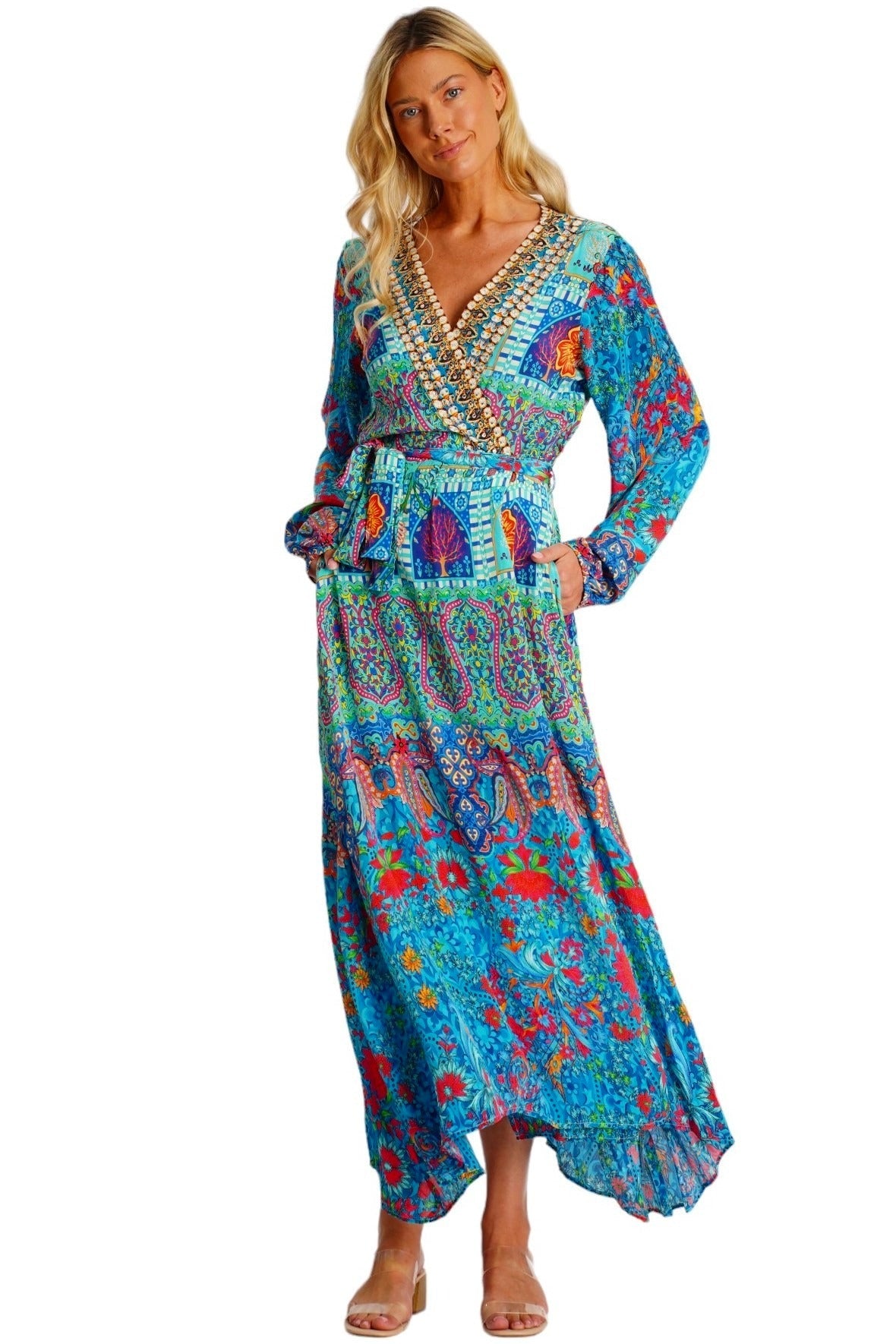 Turquoise Embellished Long Beach Kimono | Wholesale Pack of 4