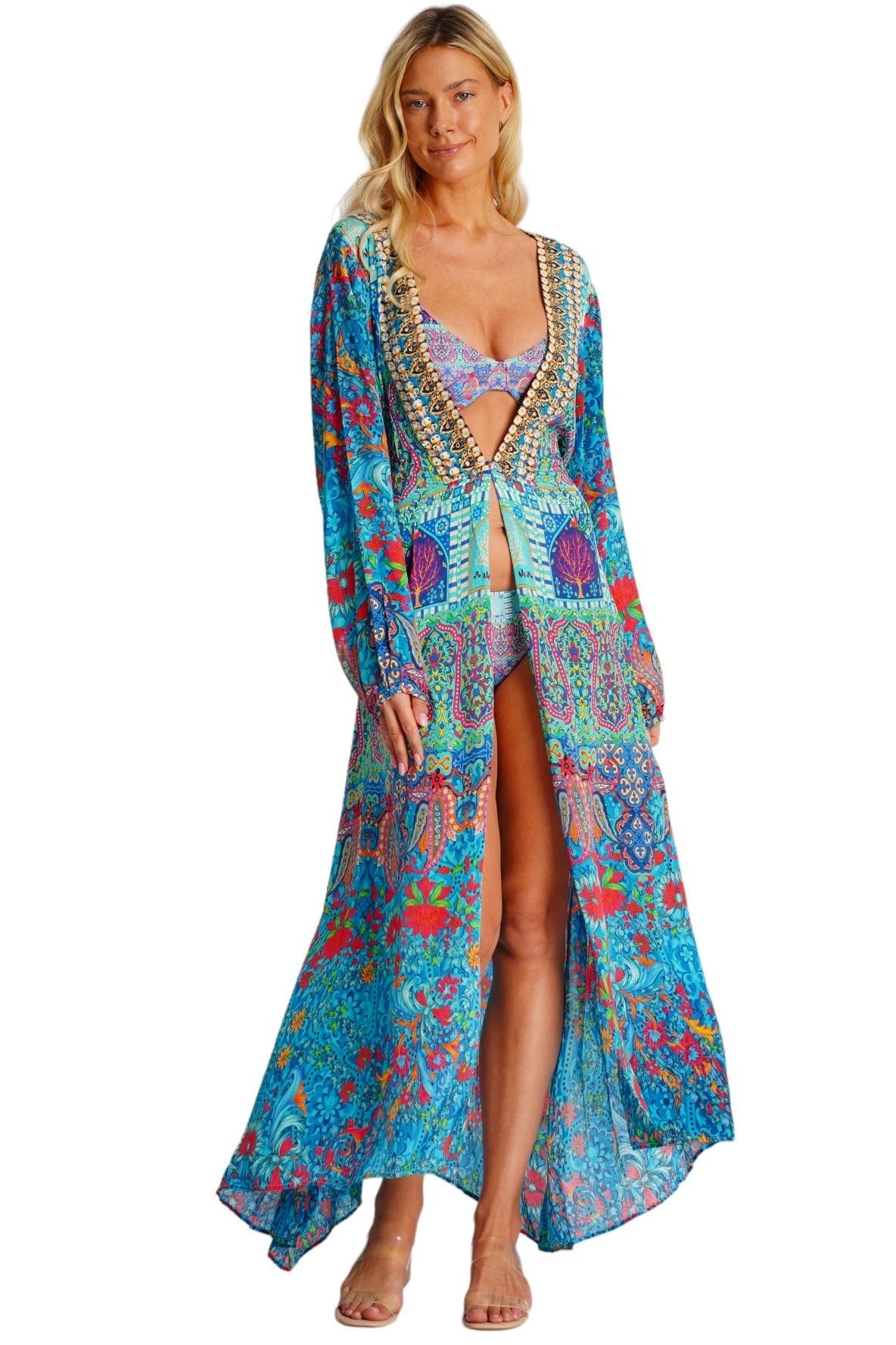Turquoise Embellished Long Beach Kimono | Wholesale Pack of 4