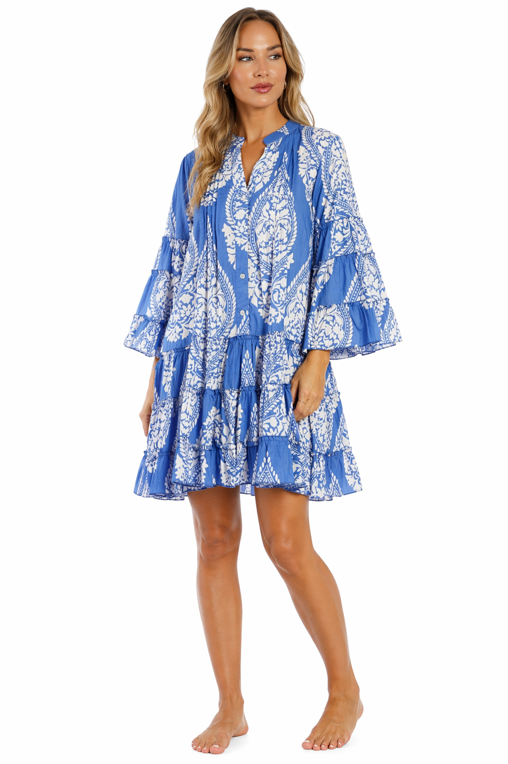 Cobalt Blue Block Print Tiered Bell-Sleeve Boho Mini Dress – Wholesale Resort Prepack (6 Pcs)