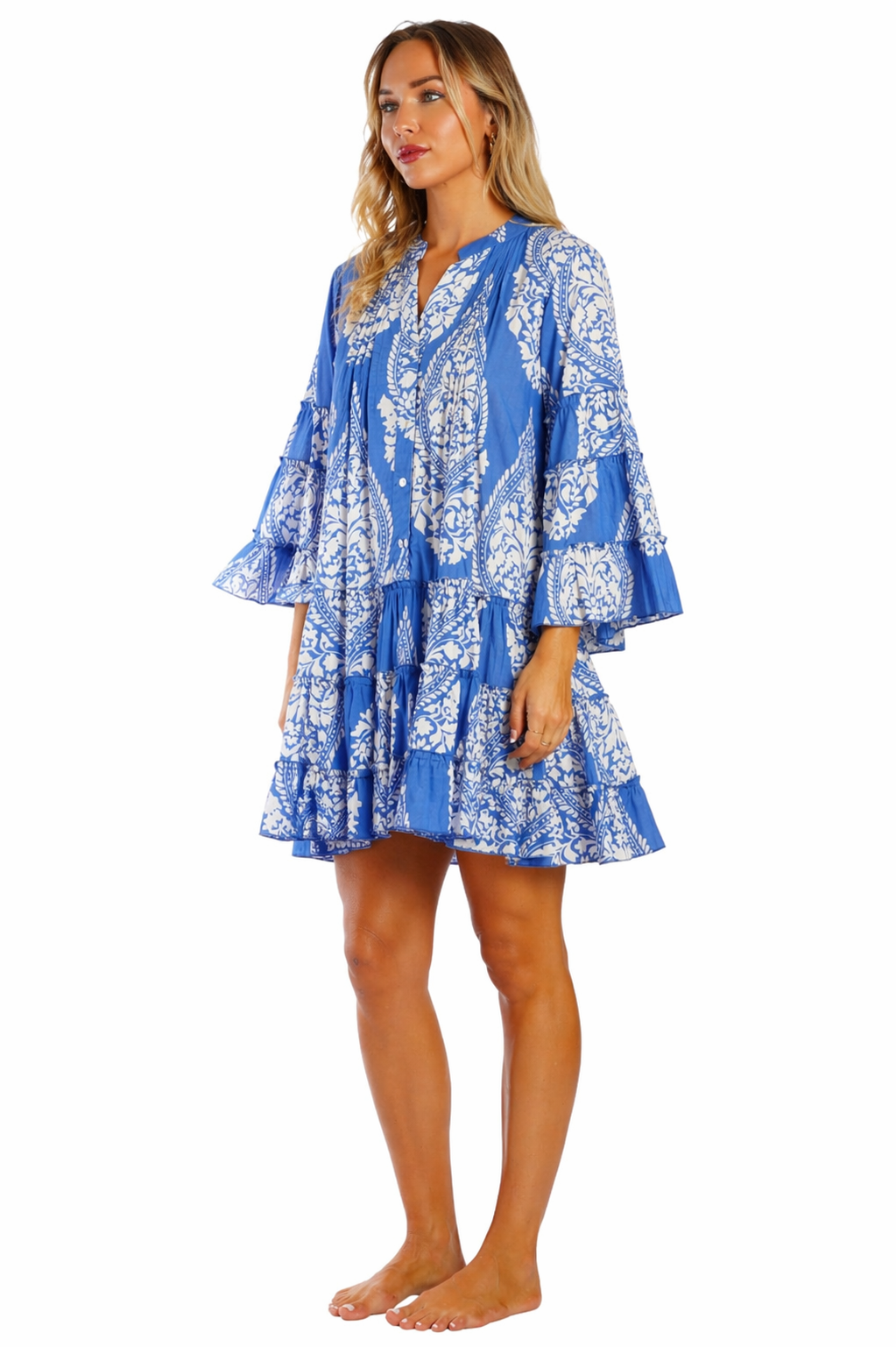 Cobalt Blue Block Print Tiered Bell-Sleeve Boho Mini Dress – Wholesale Resort Prepack (6 Pcs)